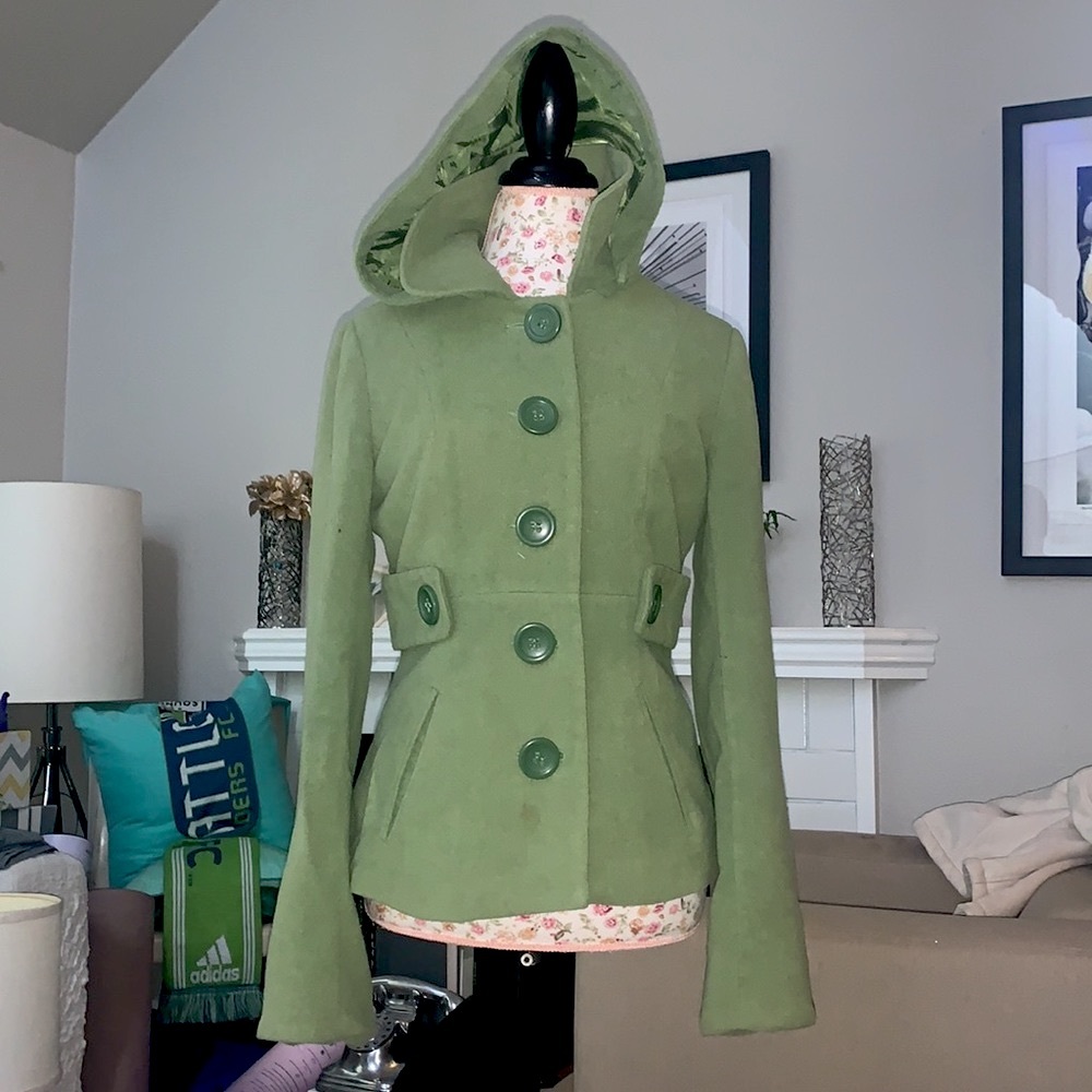 B’s Closet light green Pea Coat Sz S juniors removable hood front pockets lined